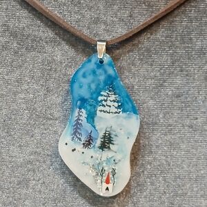 Hand-Painted Blue & White Winter Scene Pendant Necklace